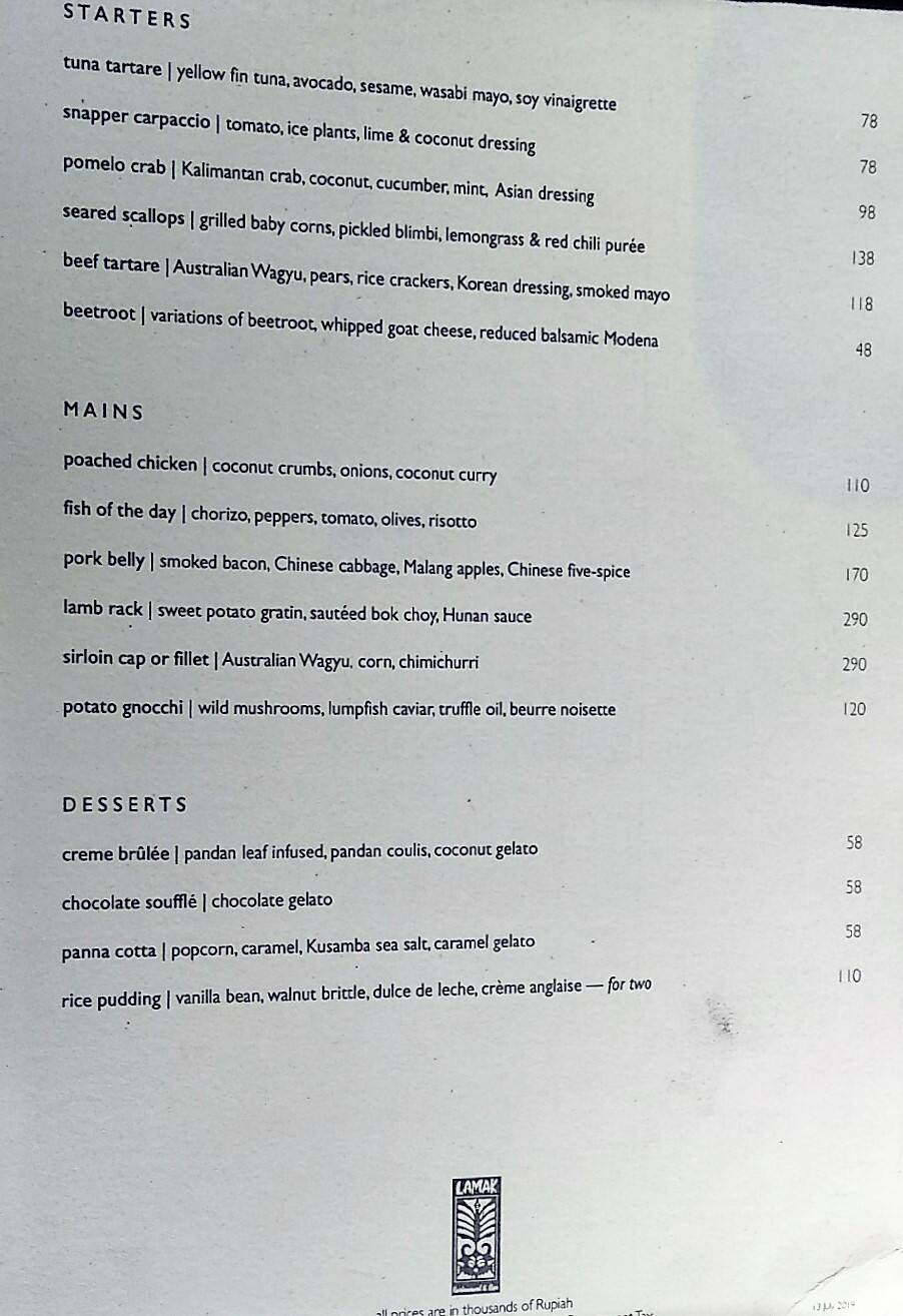 Carta de Lamak Restaurant & Bar