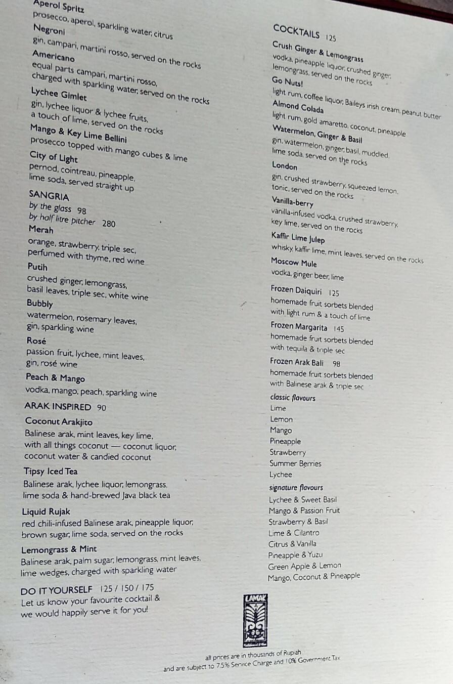 Carta de Lamak Restaurant & Bar