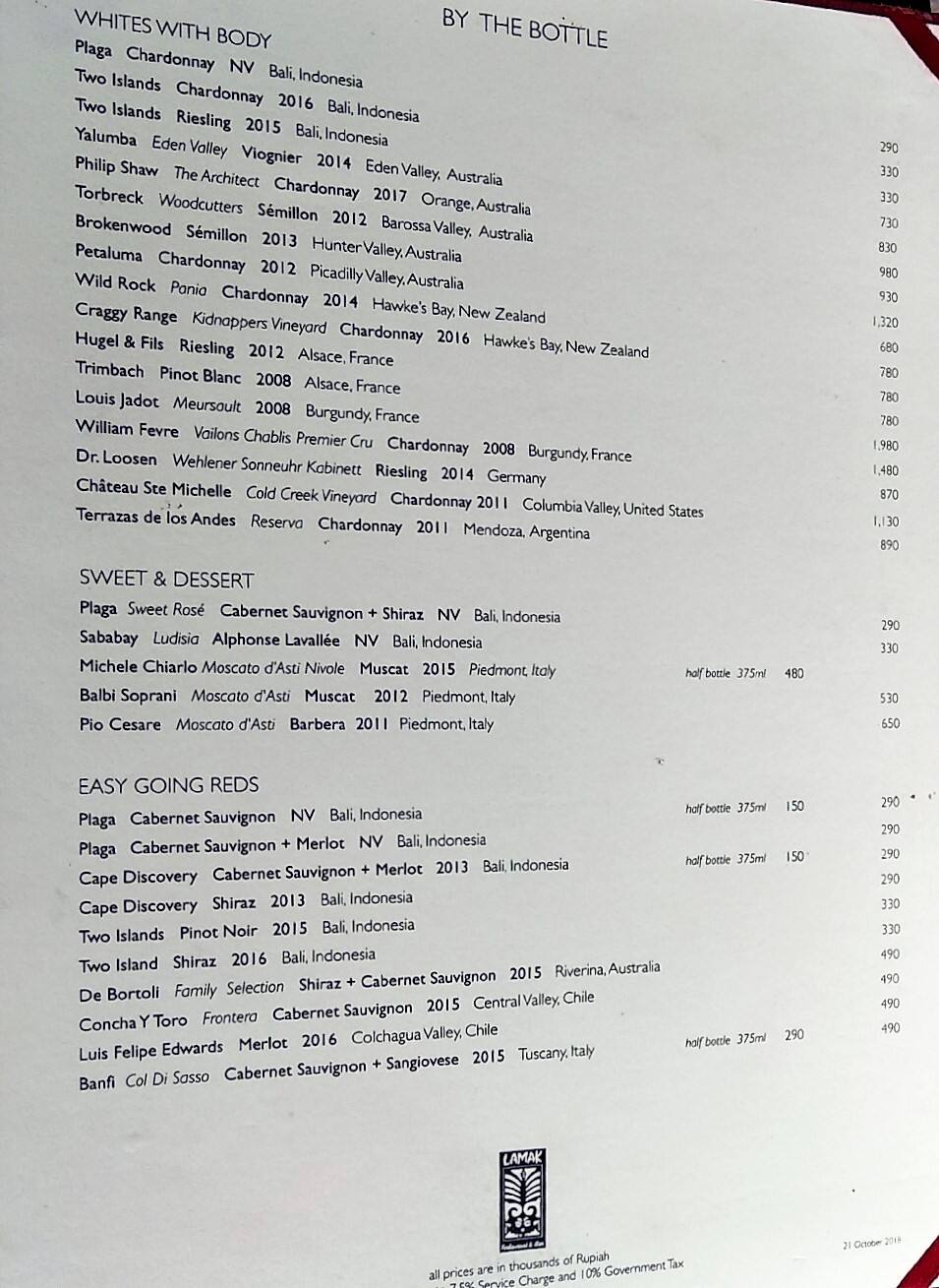Carta de Lamak Restaurant & Bar
