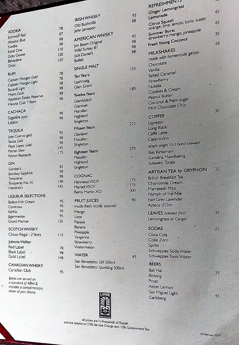 Carta de Lamak Restaurant & Bar