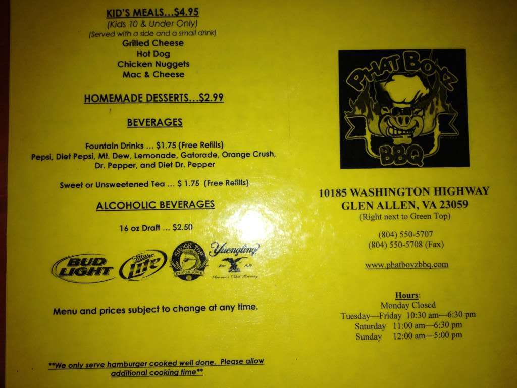 Phat Boyz BBQ Menu, Menu for Phat Boyz BBQ, Glen Allen, Richmond