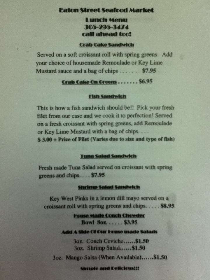 Menu at Eaton Street Seafood Market & Restaurant, Key West