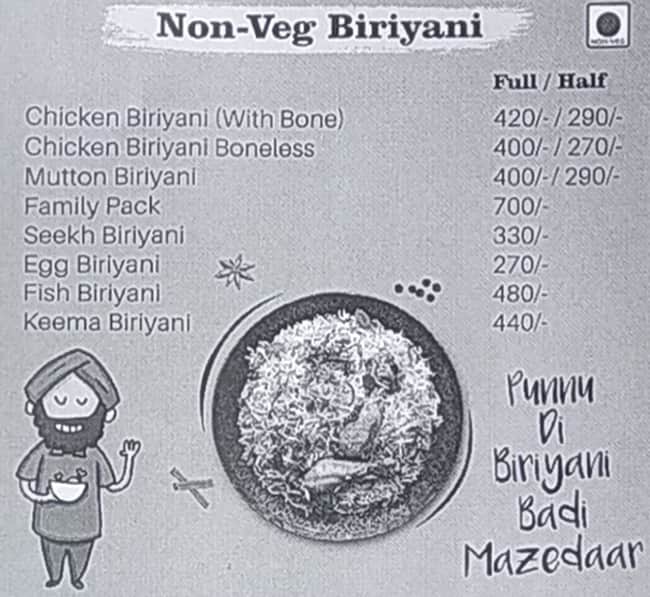 Punnu Biryani menu