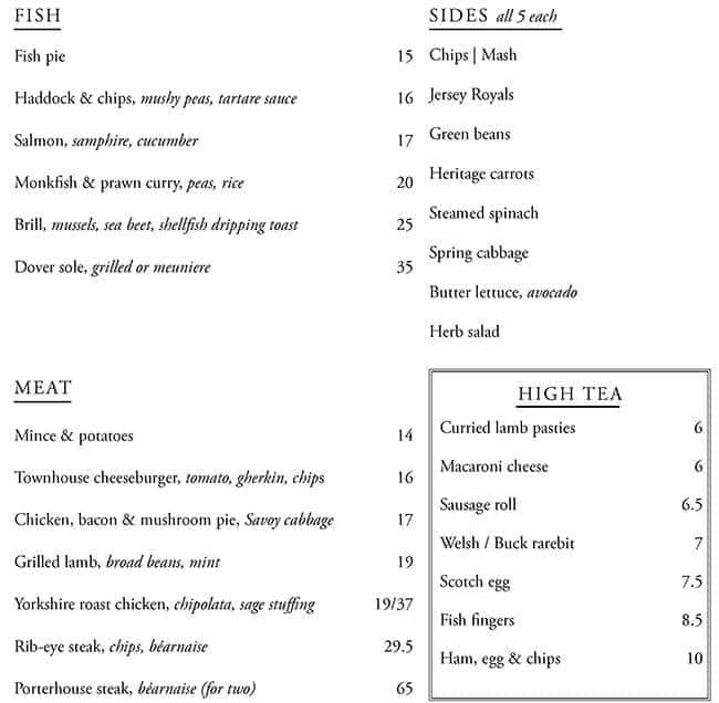 Menu at Dean Street Townhouse restaurant, London