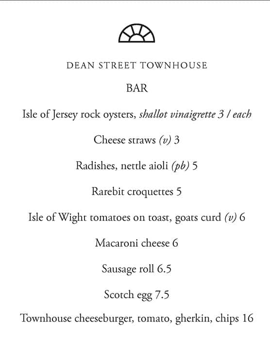 Menu at Dean Street Townhouse restaurant, London