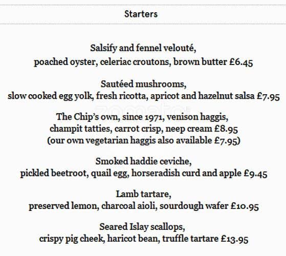 Menu at Ubiquitous Chip pub & bar, Glasgow