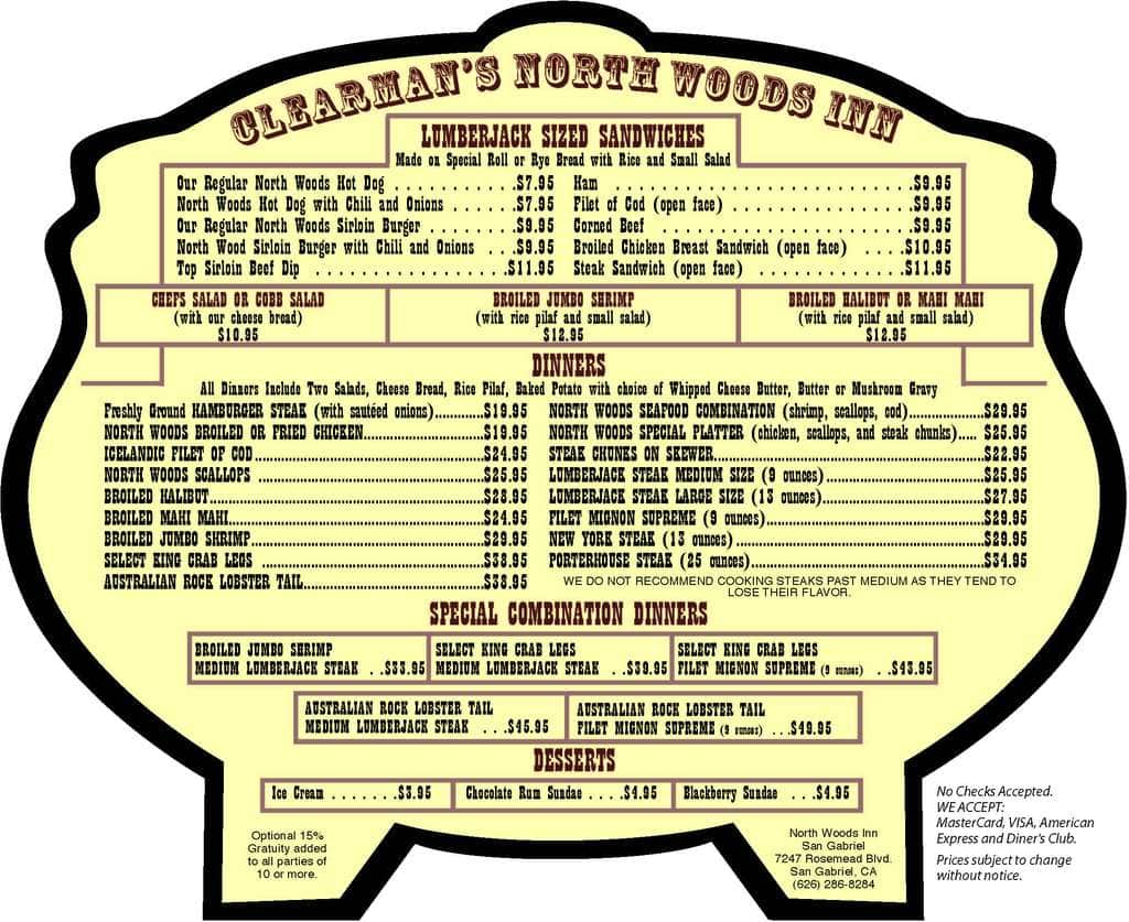 Clearman's North Woods Inn San Gabriel Menu Urbanspoon/Zomato