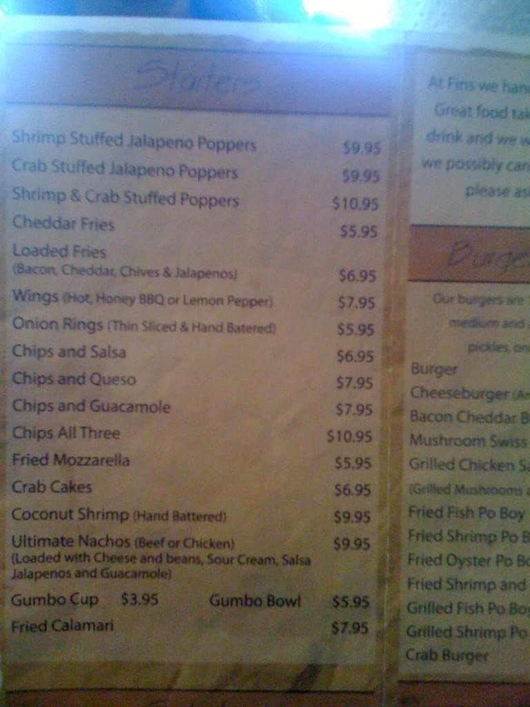 Fins Restaurant & Grill Menu Urbanspoon/Zomato