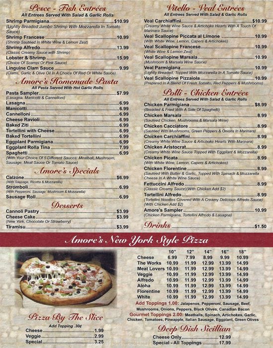 Menu at Amore's Italian Restaurant, Duncanville