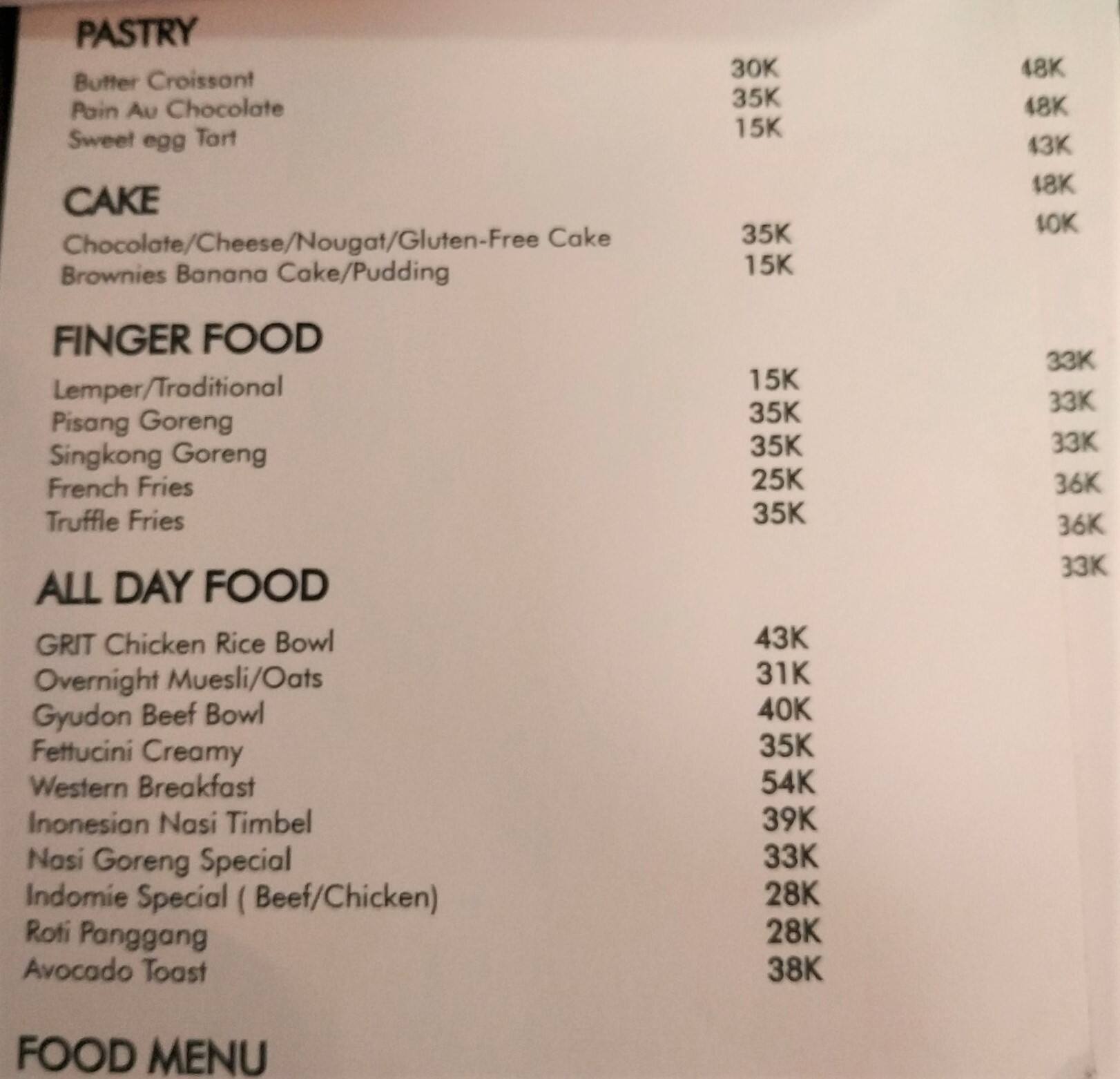 Menu at Grit Coffee cafe, West Jakarta