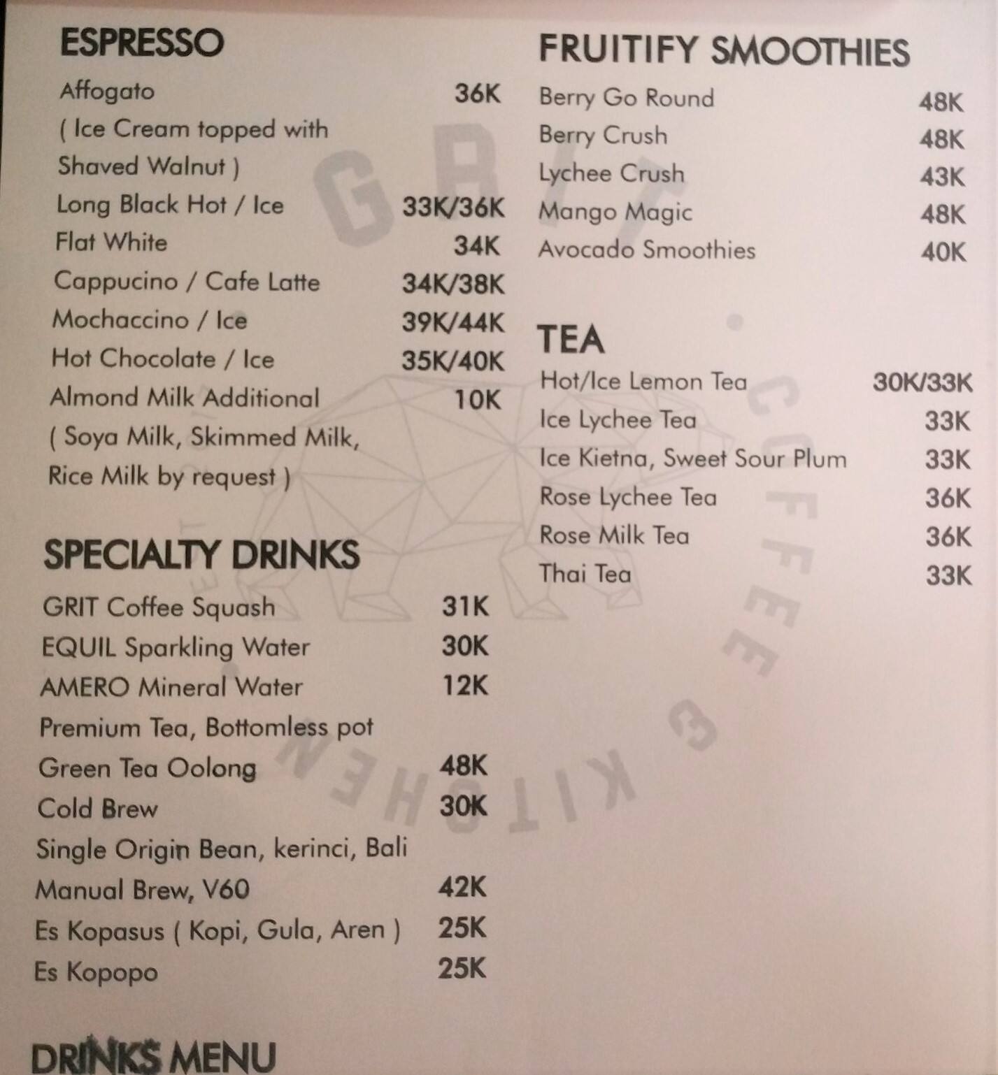 Menu at Grit Coffee cafe, West Jakarta