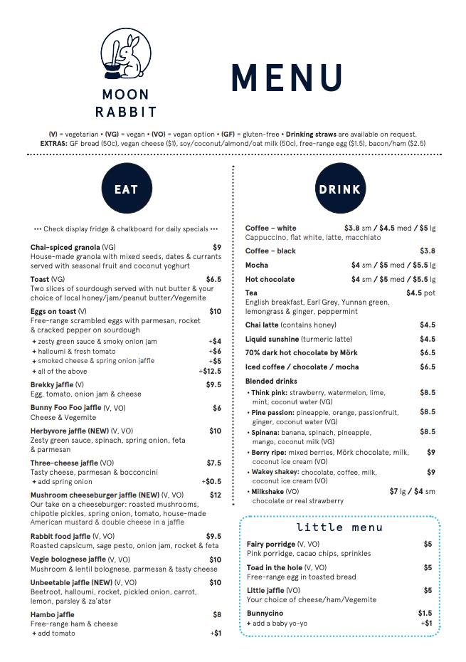 Menu at Moon Rabbit cafe, Preston