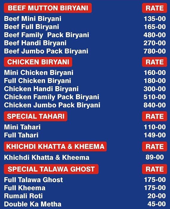 Menu of Kohinoor Restaurant, Jeedimetla, Hyderabad