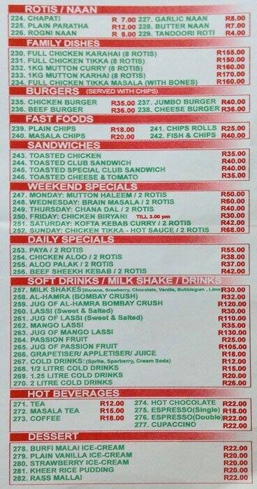 Menu at Al Hamra restaurant, Johannesburg, 99 Church Street