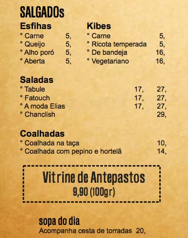 Bar do Elias cardápio