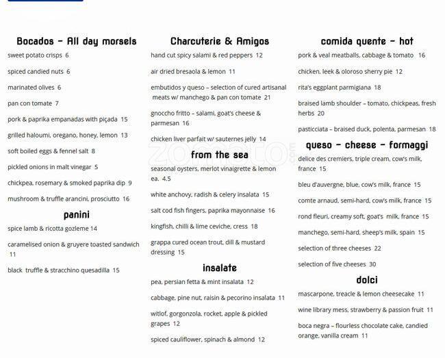 Wine Library Menu, Menu for Wine Library, Woollahra, Sydney