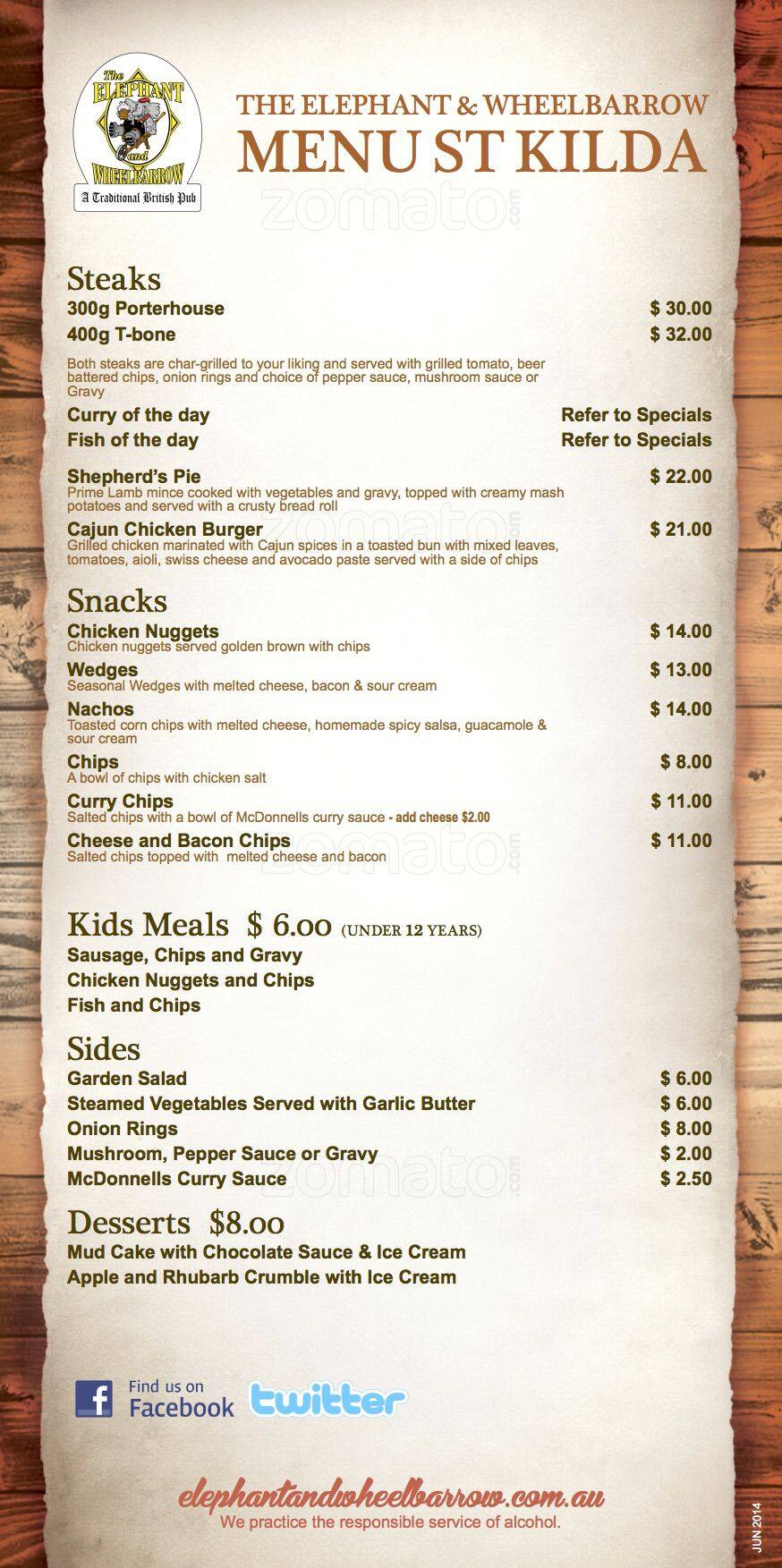 The Elephant and Wheelbarrow Menu Urbanspoon/Zomato