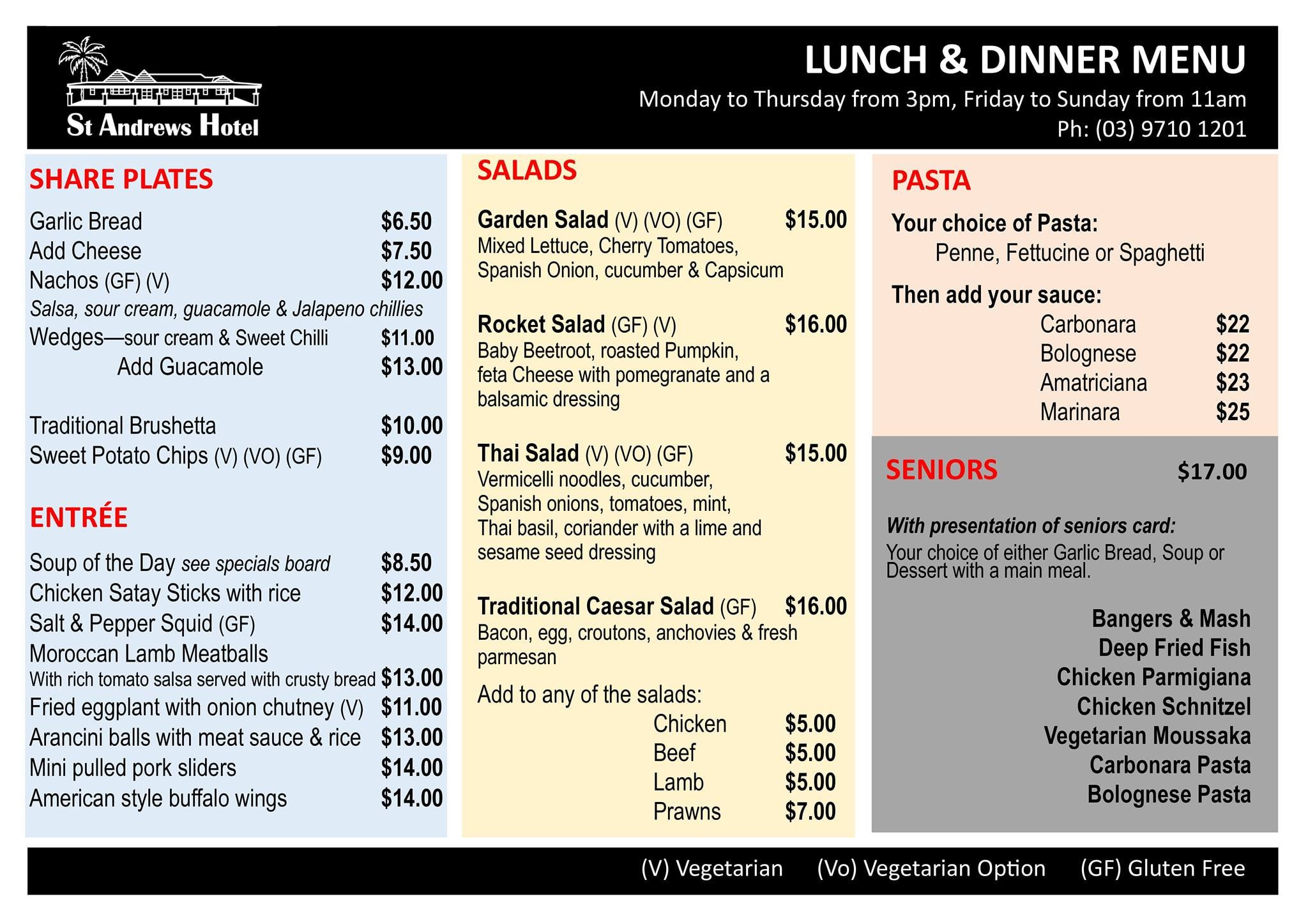 Menu at St Andrews Hotel pub & bar, Saint Andrews, Cnr. Kangaroo Ground