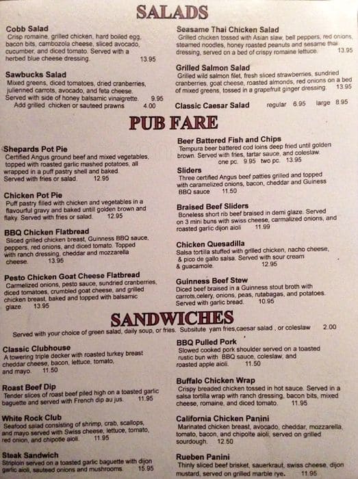 Sawbucks Pub Menu