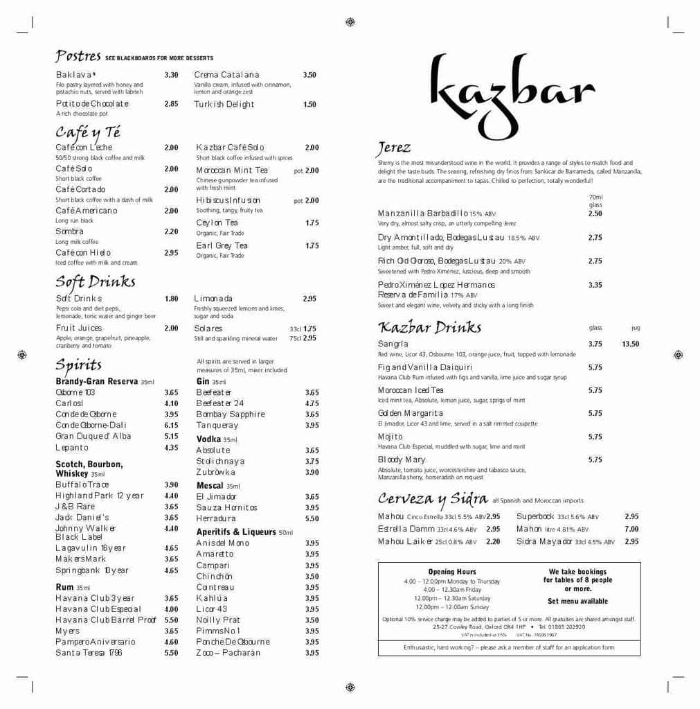 Kazbar Menu, Menu for Kazbar, Oxford, South East England Zomato UK