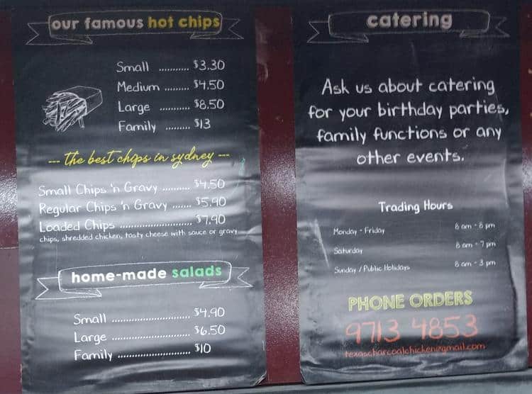 Menu at Texas Charcoal Chicken fast food, Five Dock
