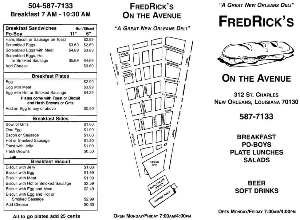 Menu at Rick's grill restaurant, New Orleans
