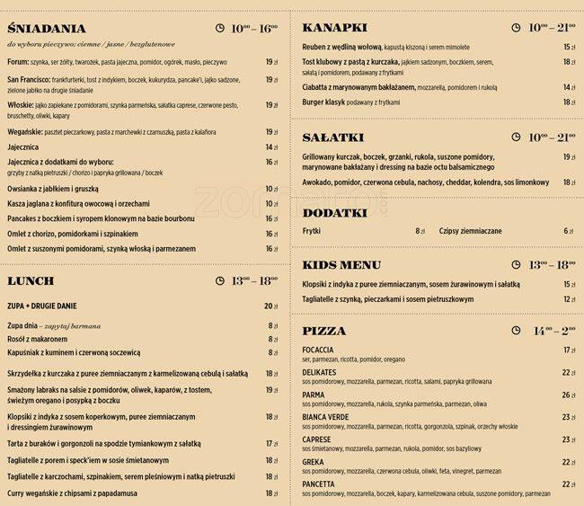 Forum Przestrzenie menu, Menu restauracji Forum Przestrzenie, Dębniki