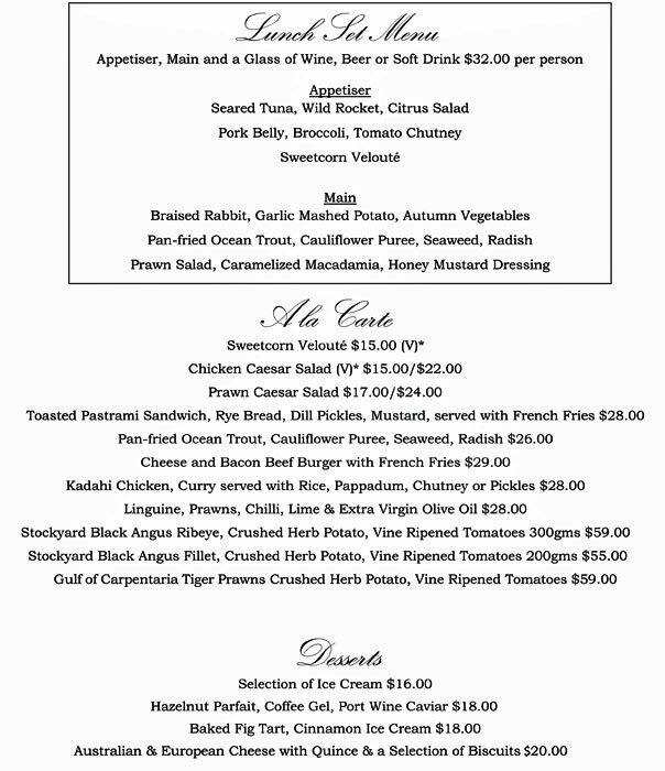 The Conservatory Menu, Menu for The Conservatory, West Perth, Perth