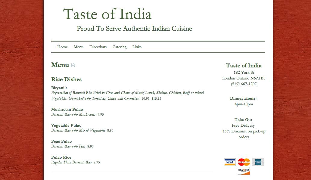 Taste Of India London Menu