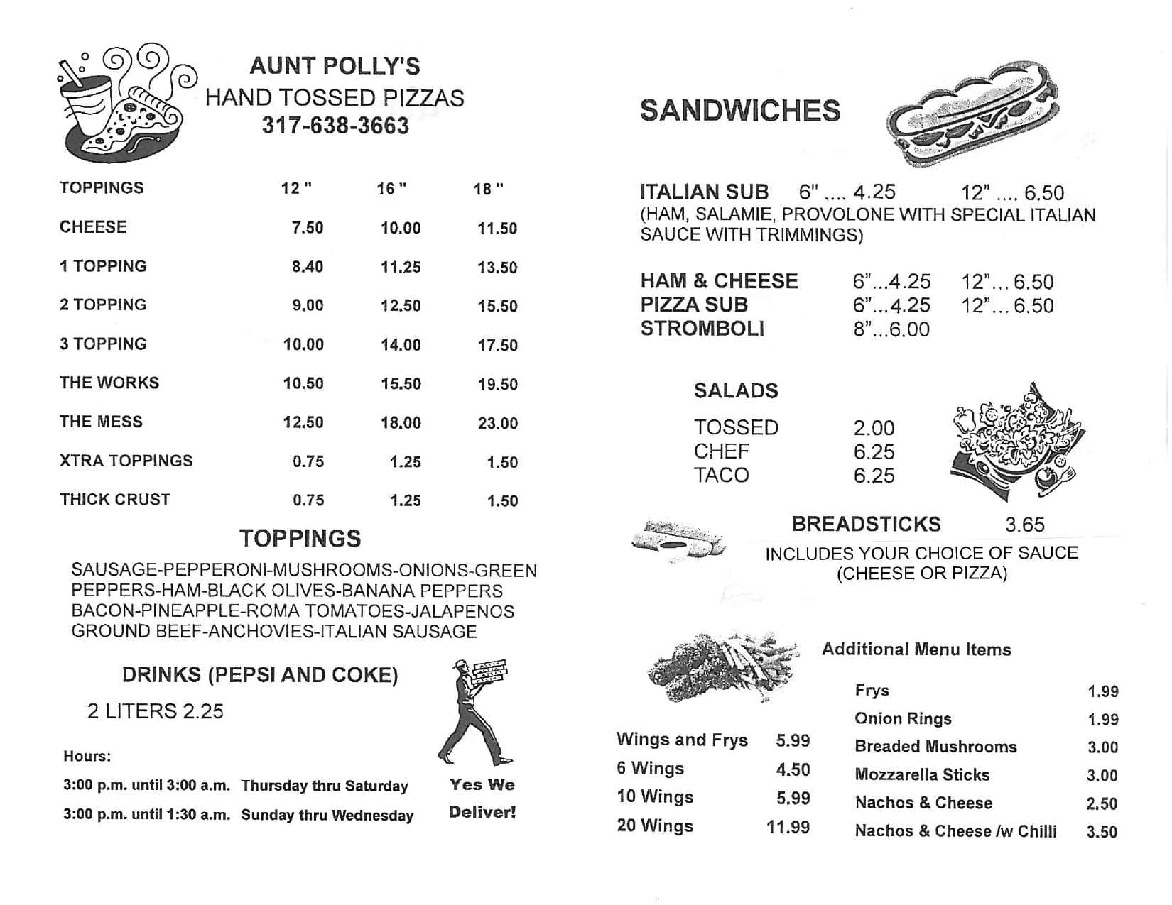 Aunt Polly's Menu, Menu for Aunt Polly's, Southeast, Indianapolis ...