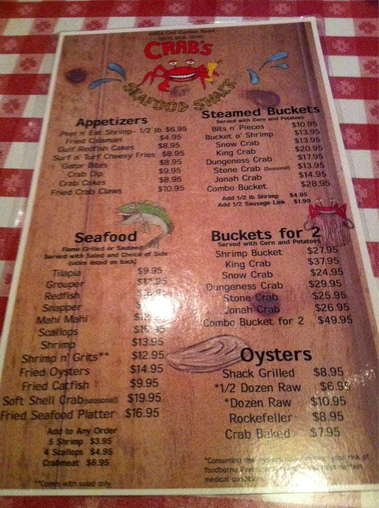 Crab's Seafood Shack menu Urbanspoon/Zomato