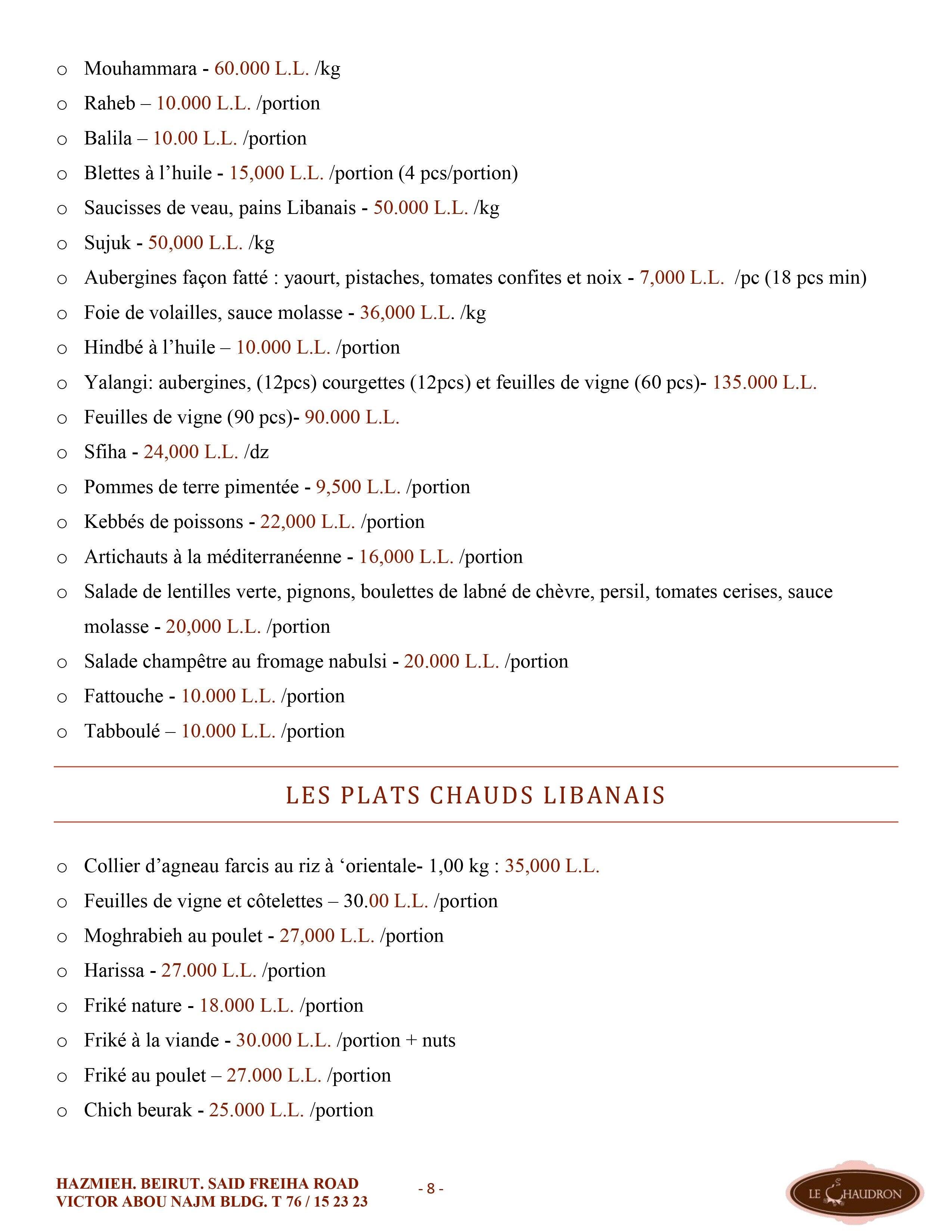 Le Chaudron menu