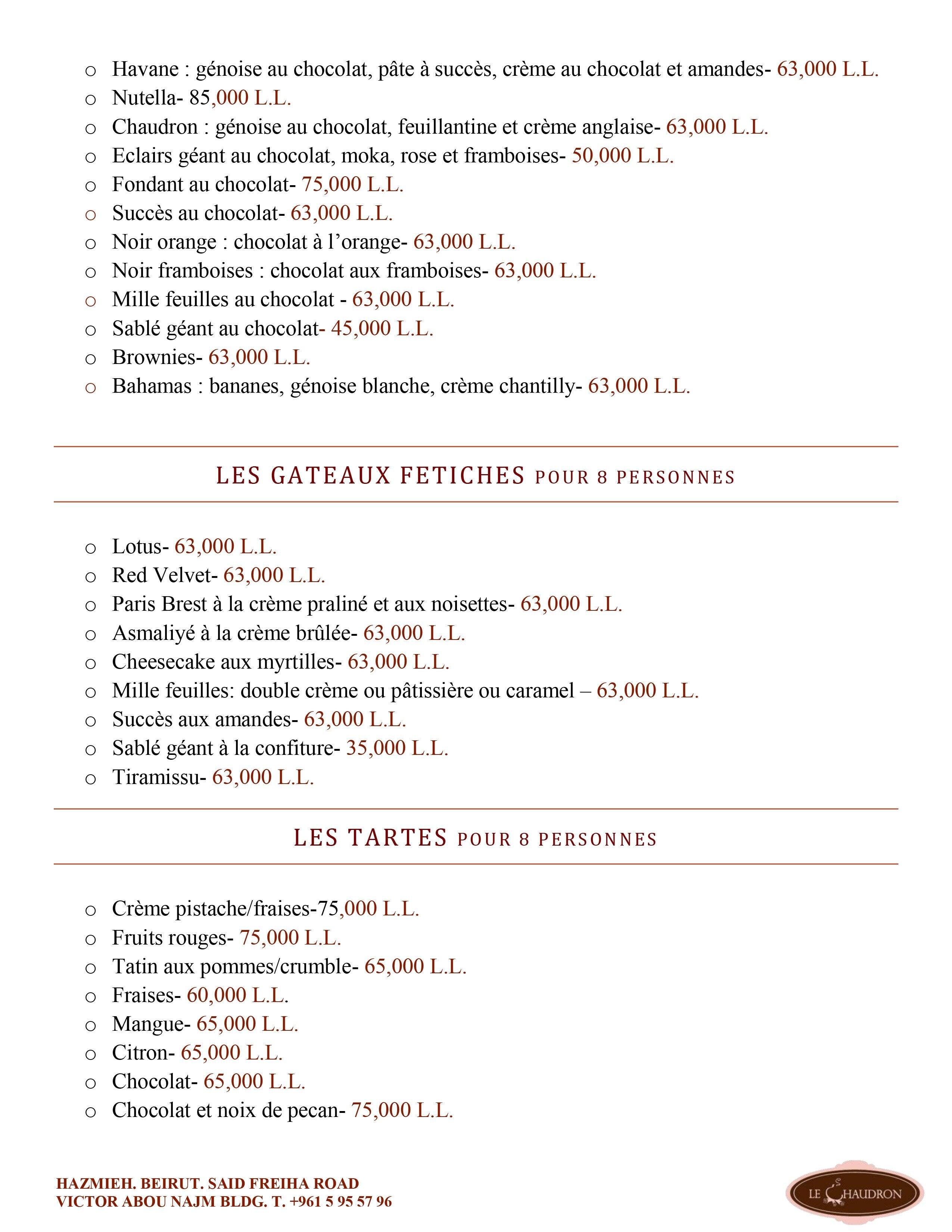Le Chaudron menu