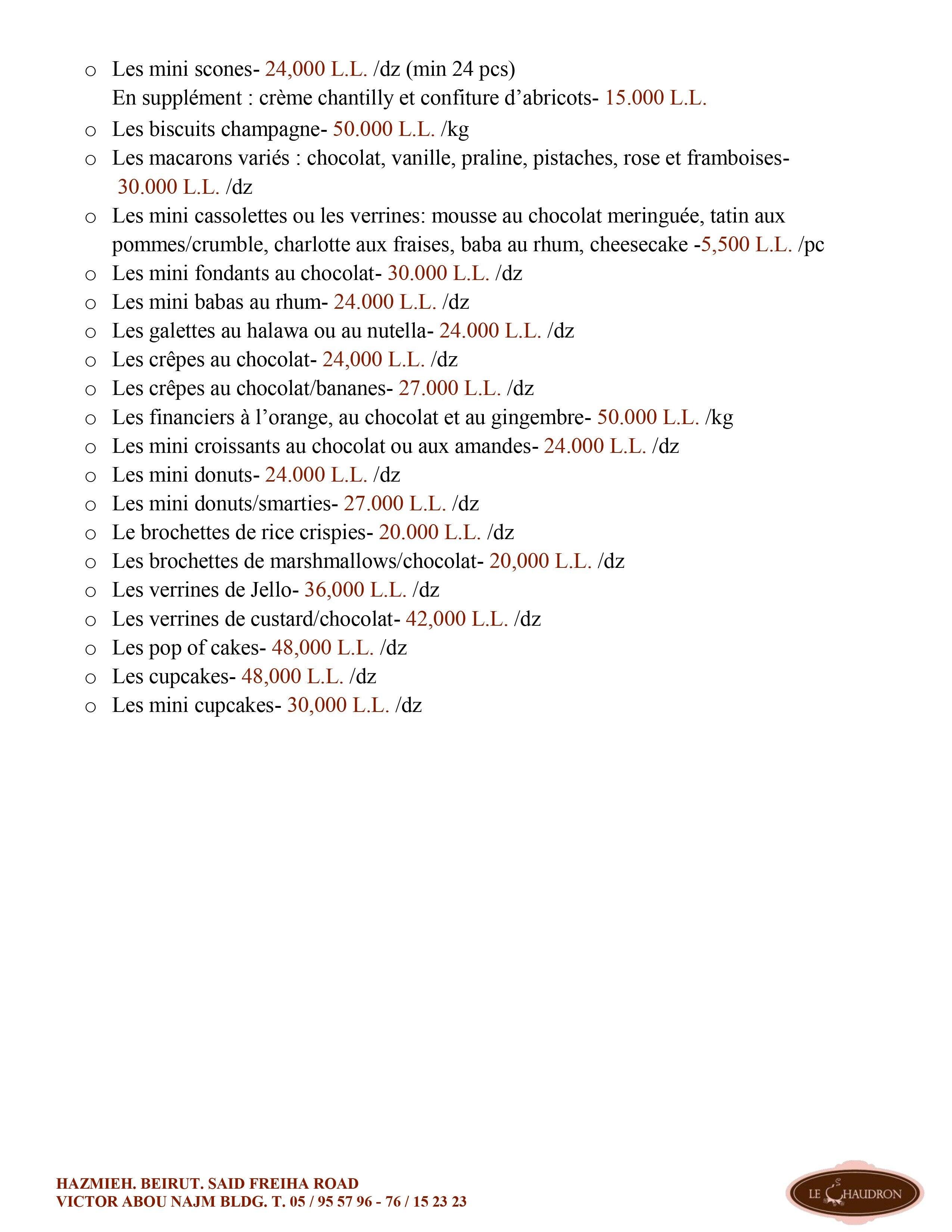 Le Chaudron menu