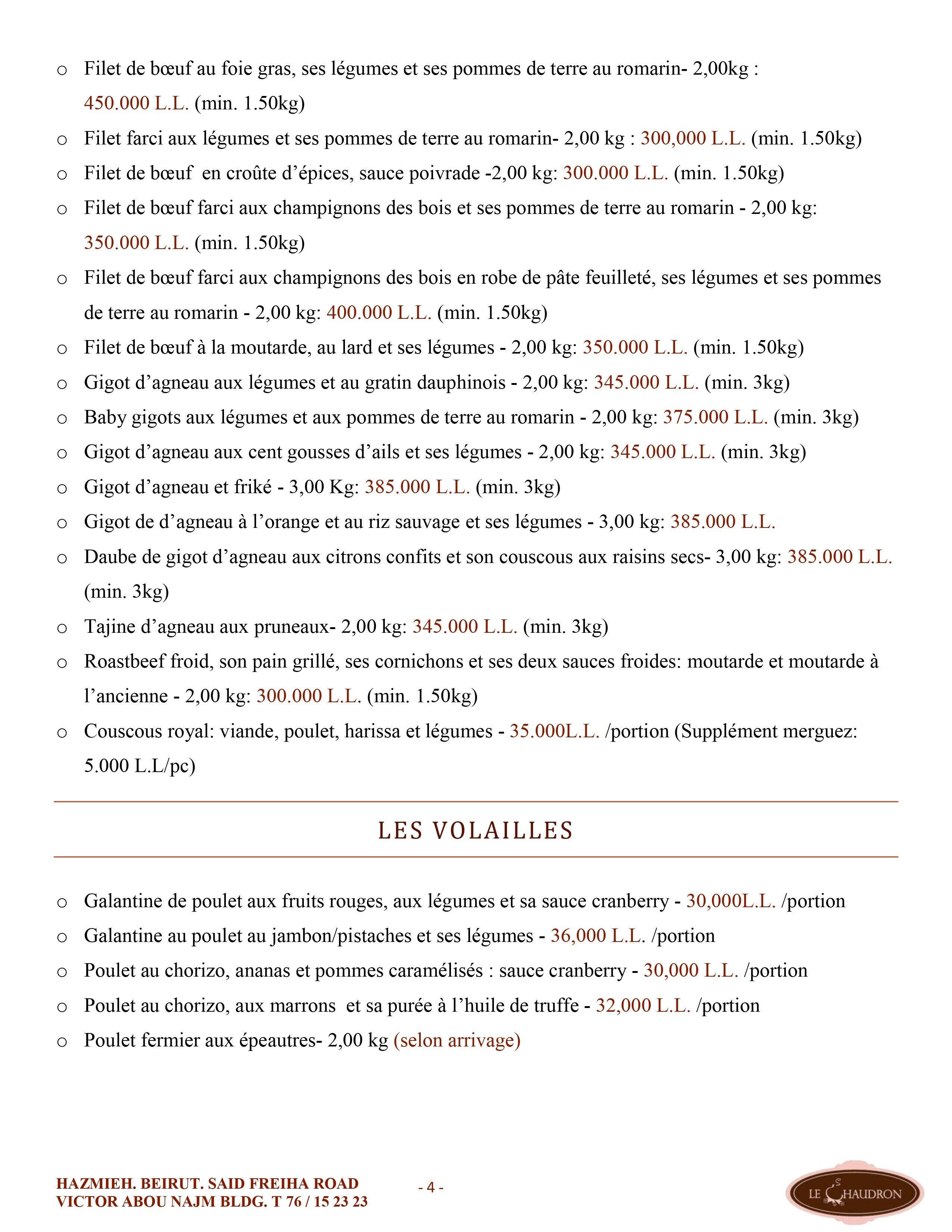 Le Chaudron menu