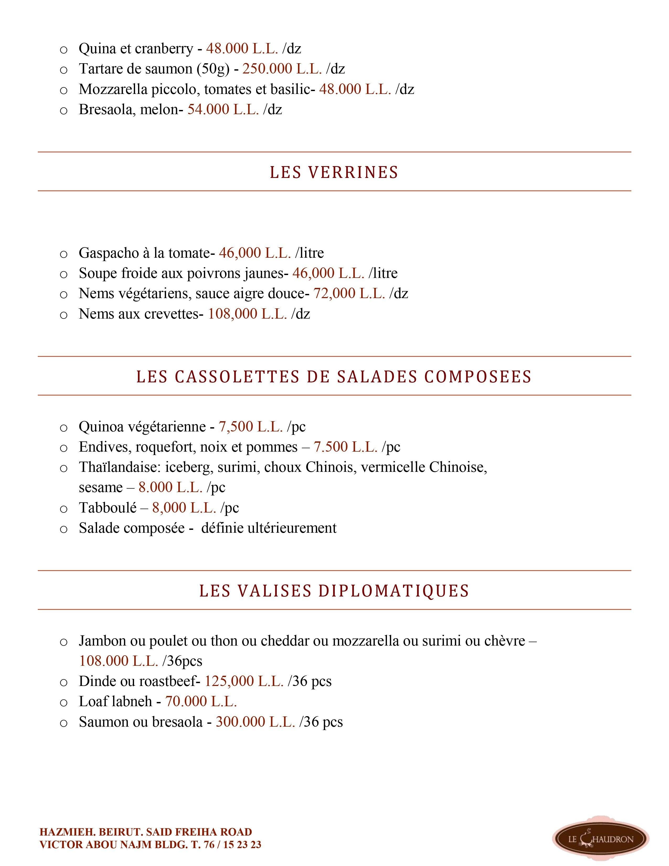Le Chaudron menu