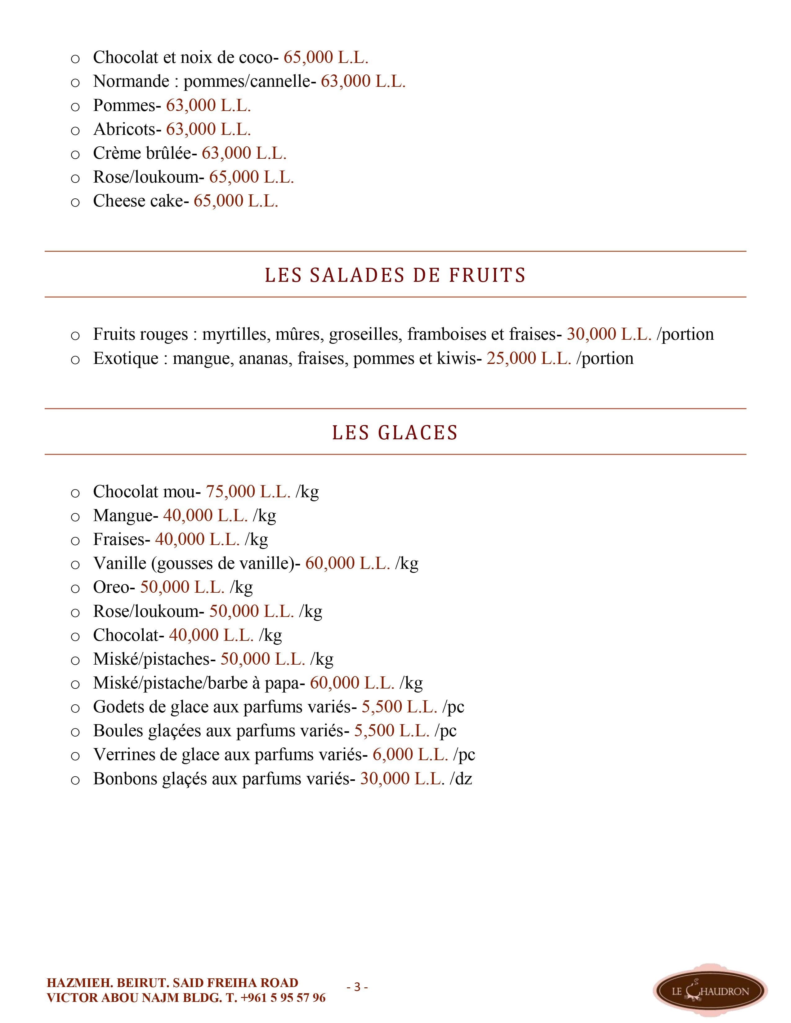 Le Chaudron menu