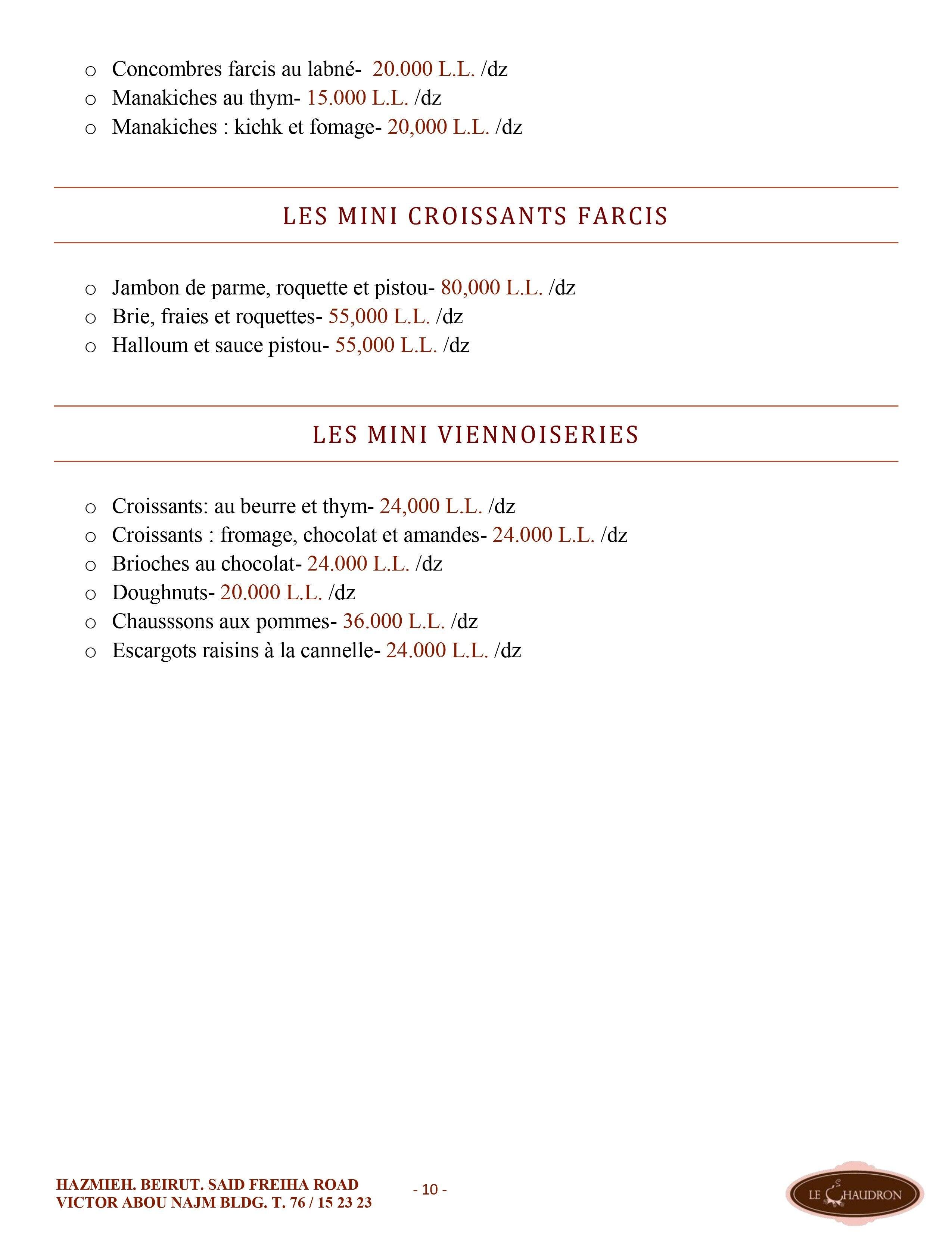 Le Chaudron menu