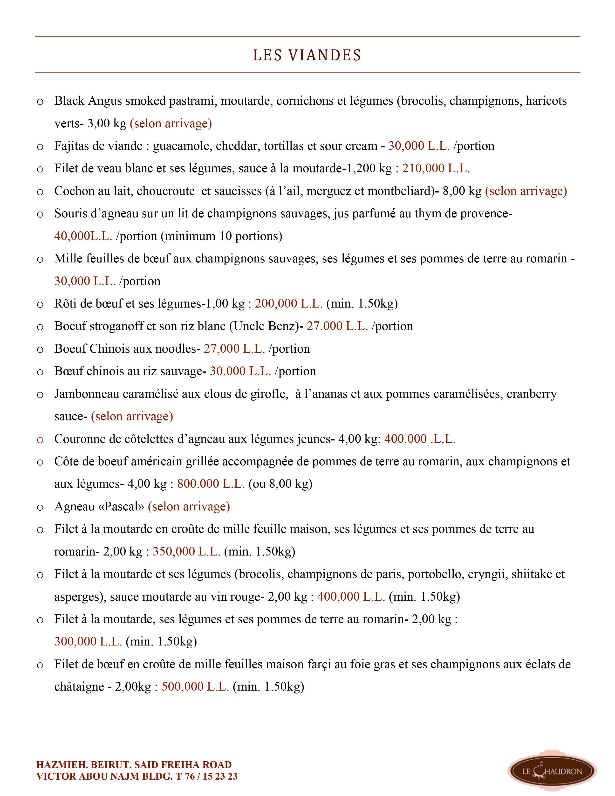 Le Chaudron menu