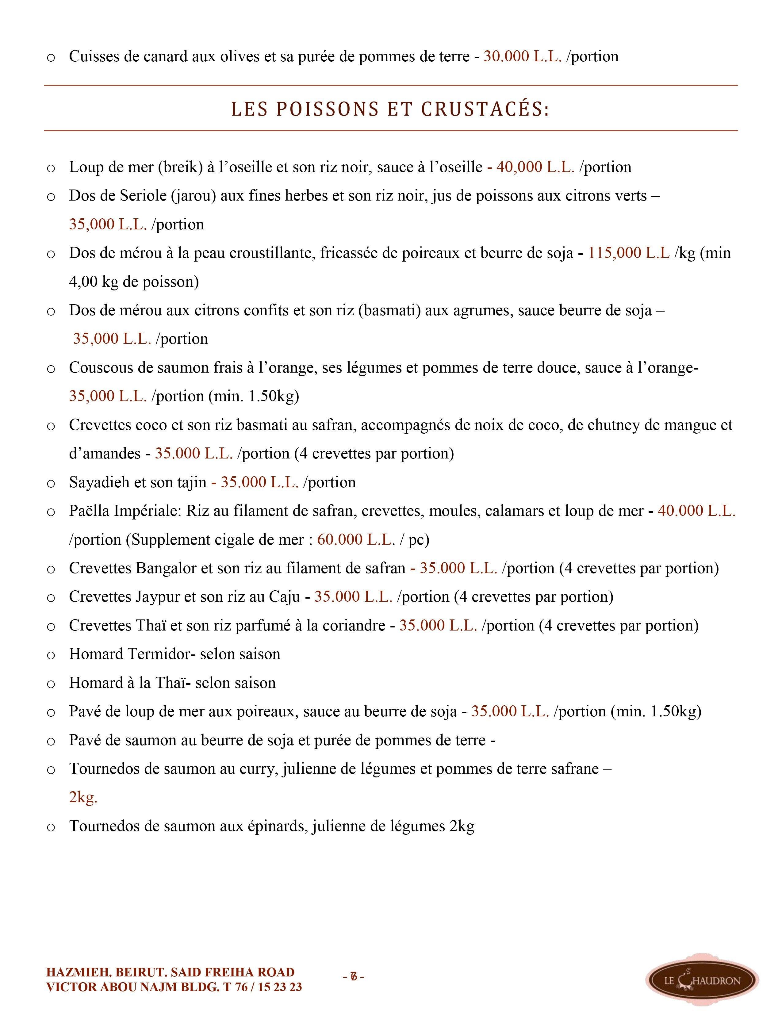 Le Chaudron menu
