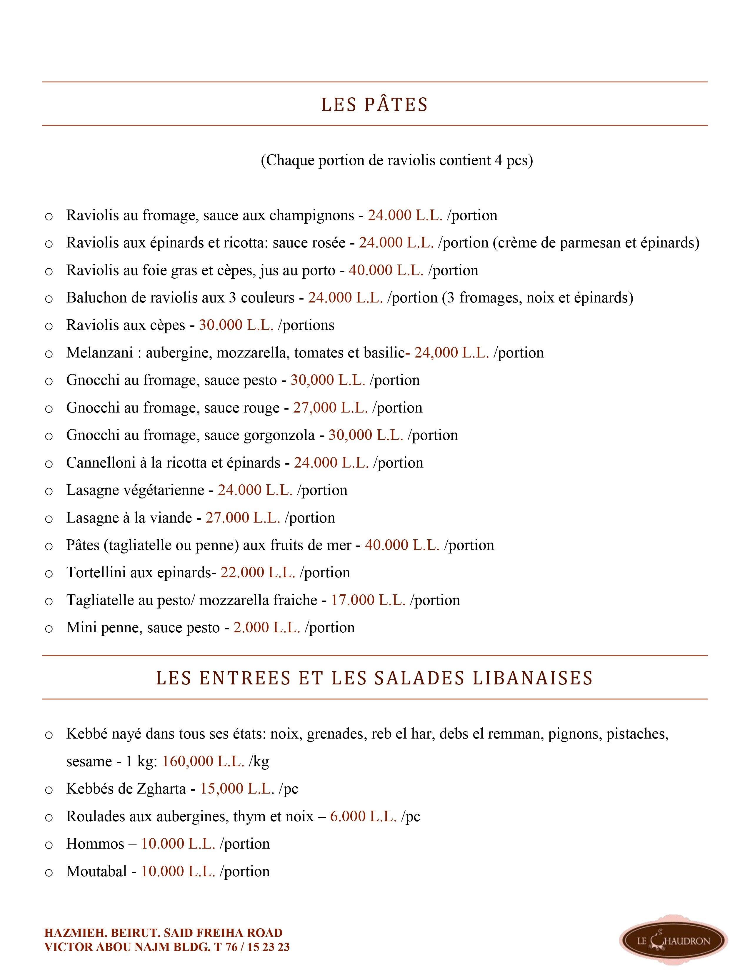 Le Chaudron menu