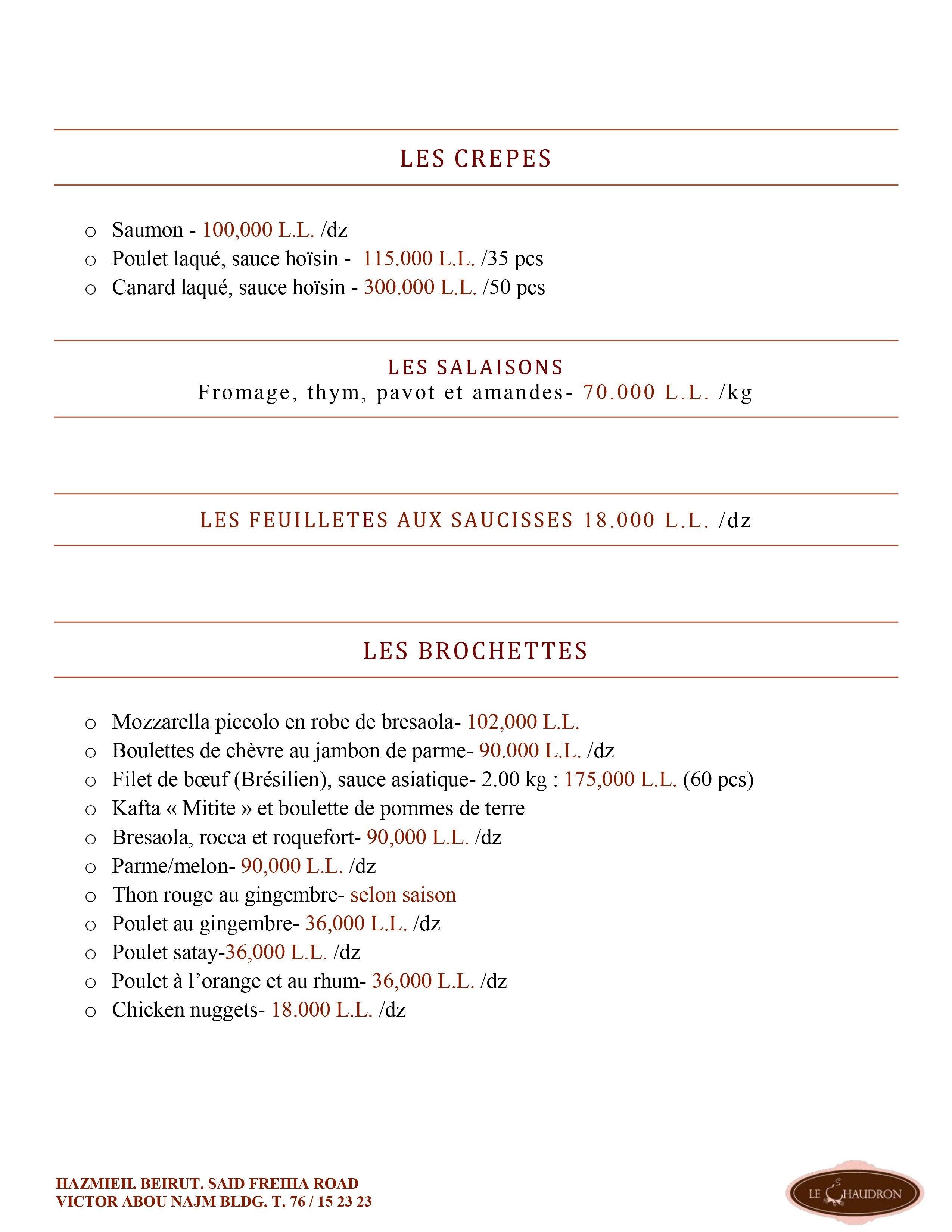 Le Chaudron menu