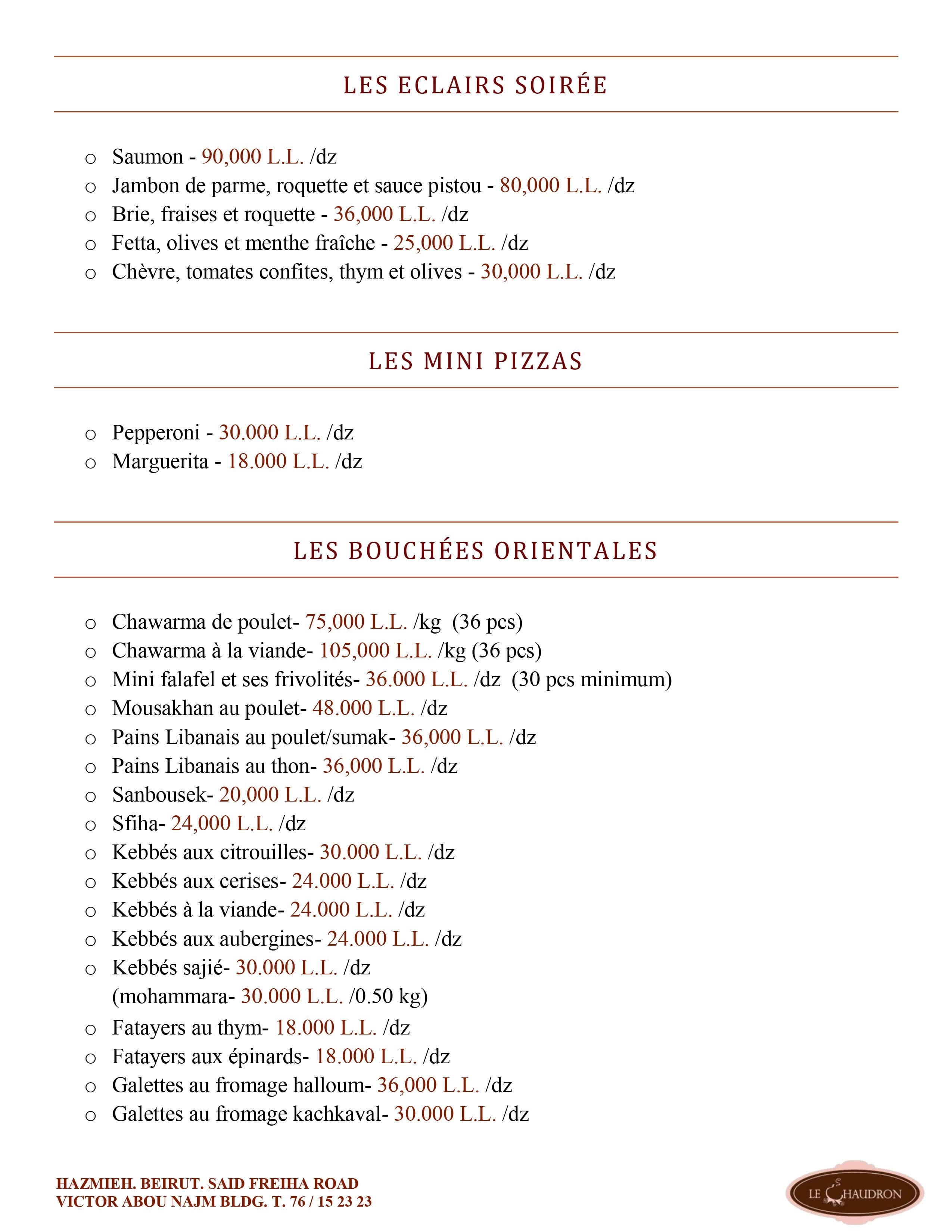 Le Chaudron menu