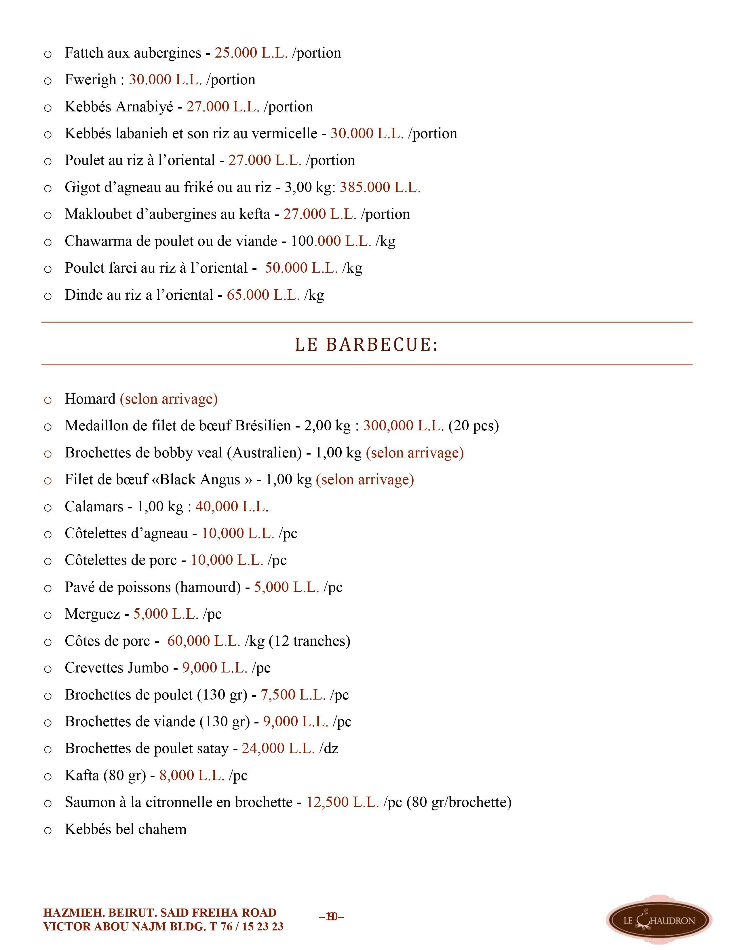 Le Chaudron menu