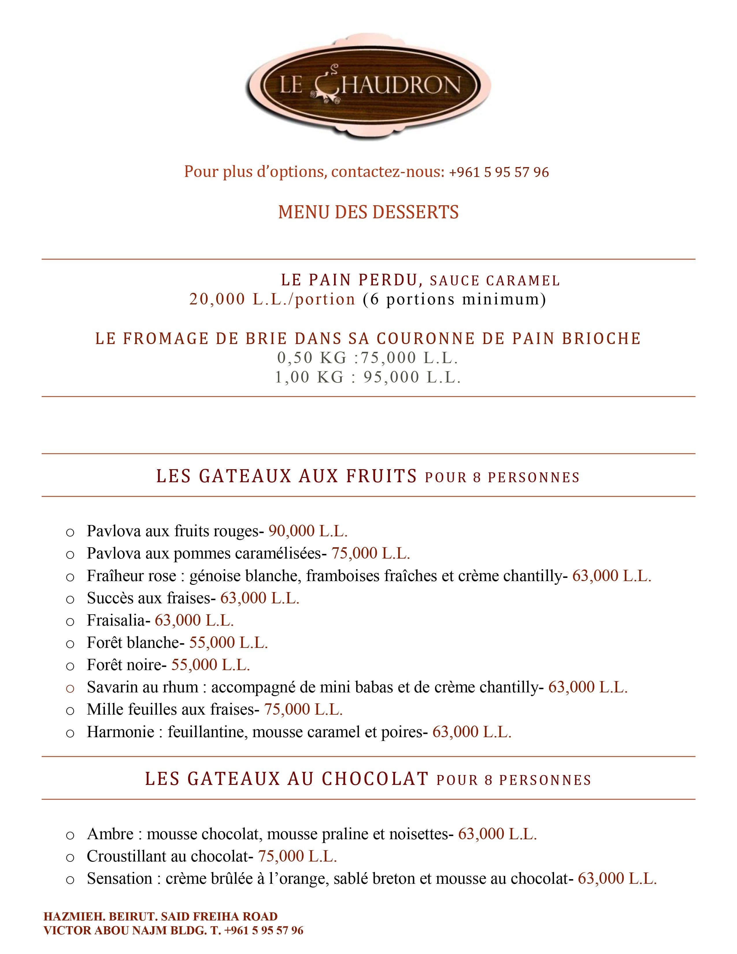 Le Chaudron menu