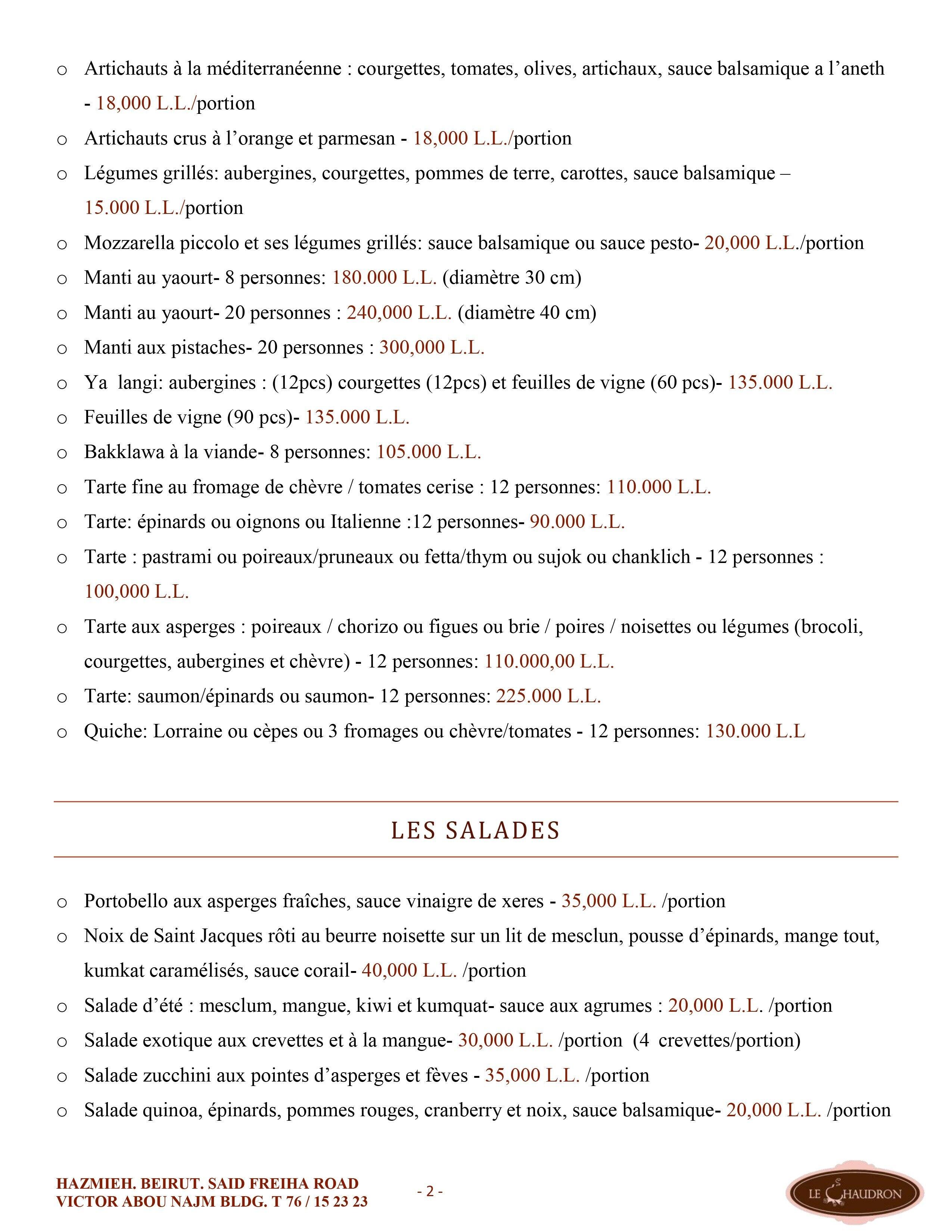 Le Chaudron menu