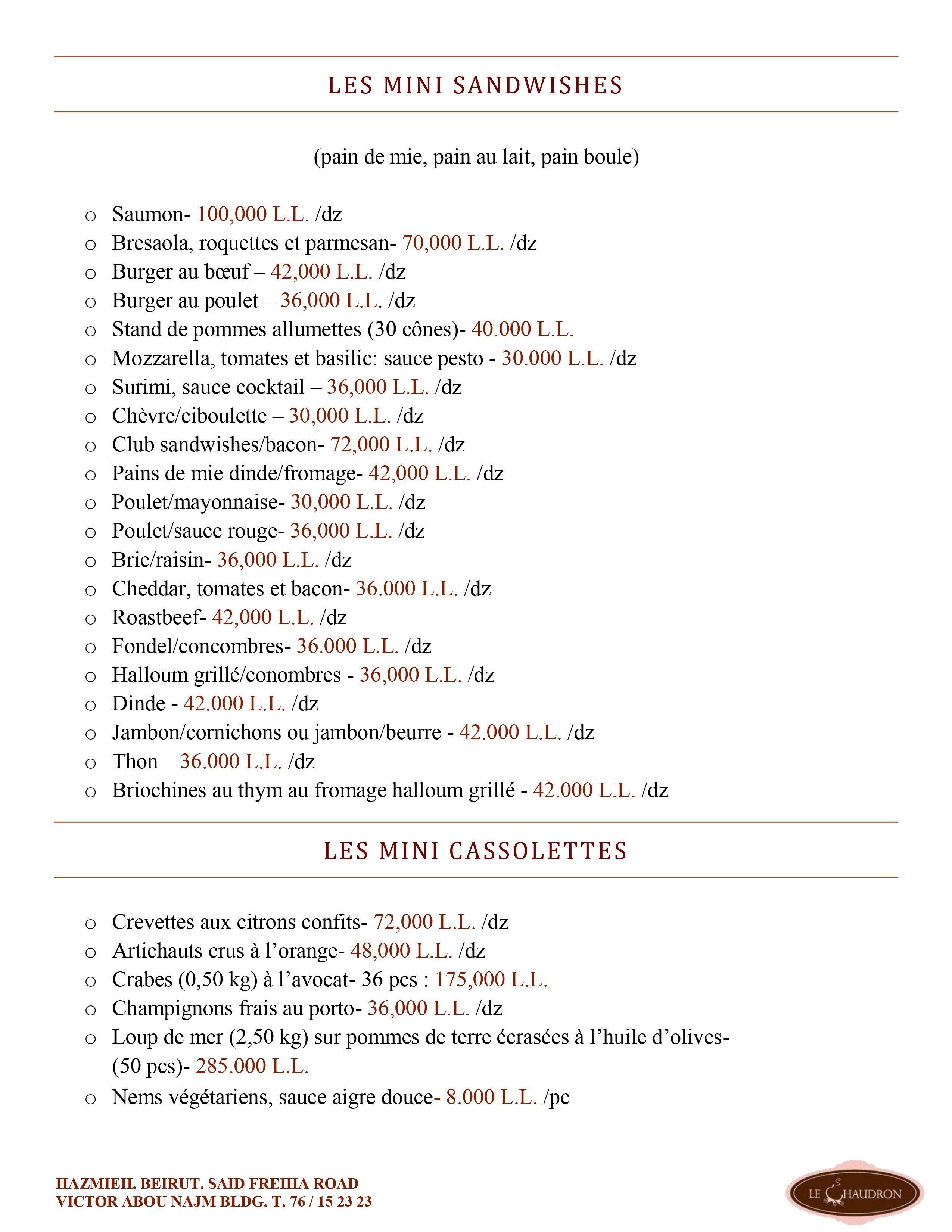Le Chaudron menu