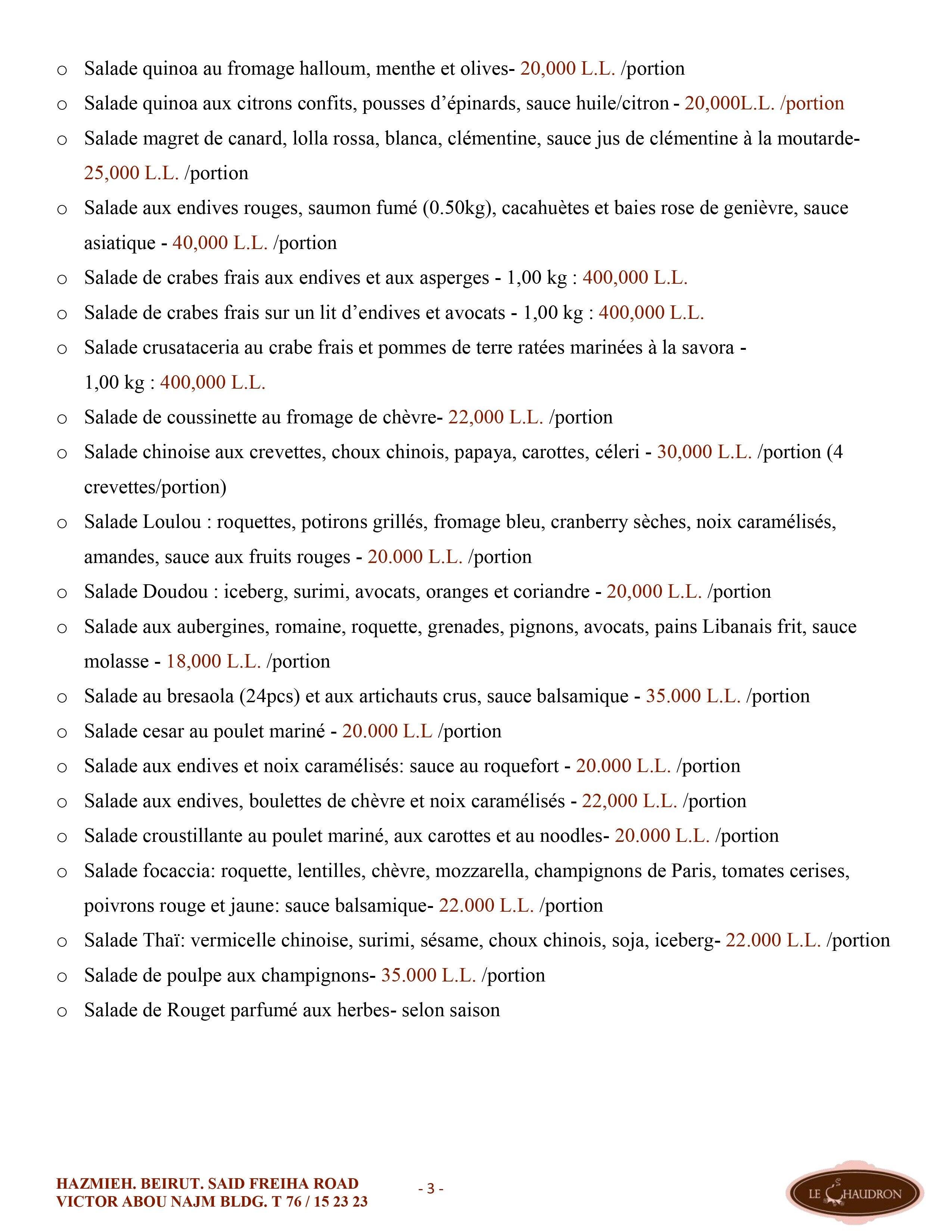 Le Chaudron menu
