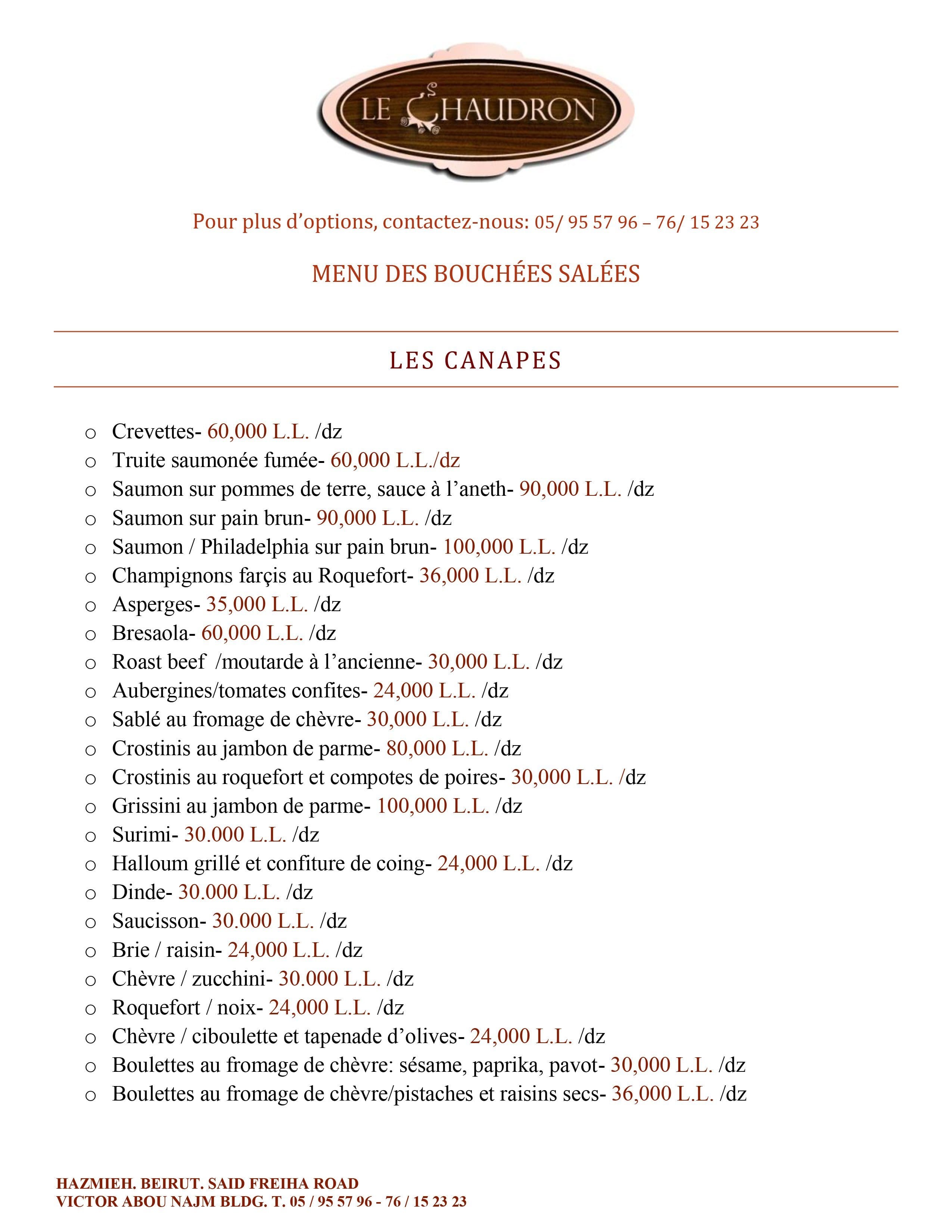 Le Chaudron menu