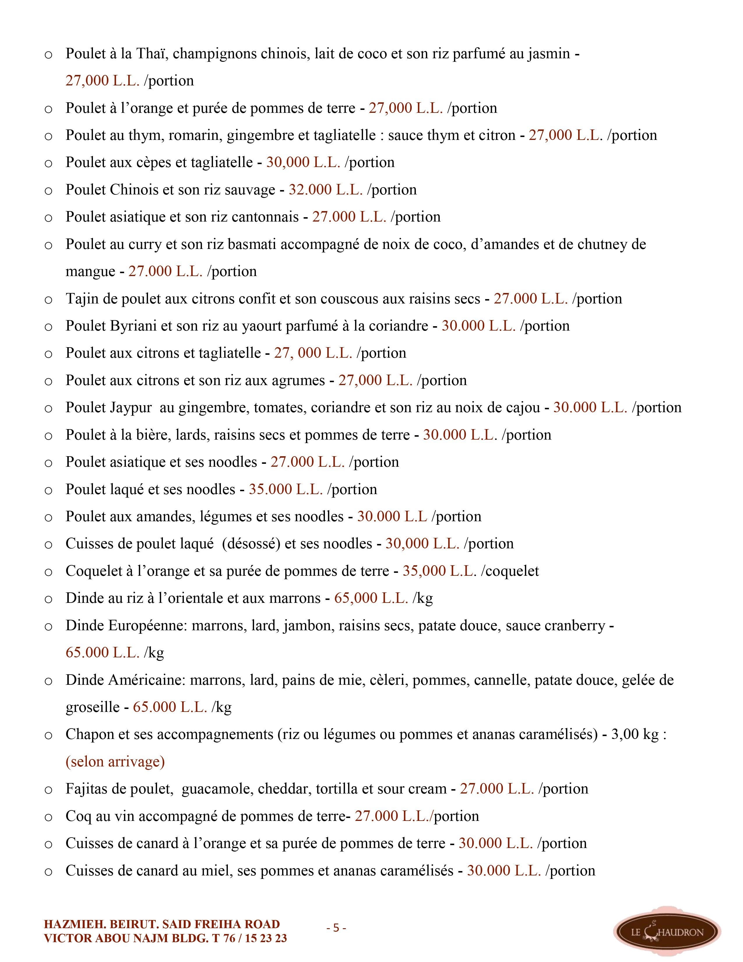 Le Chaudron menu